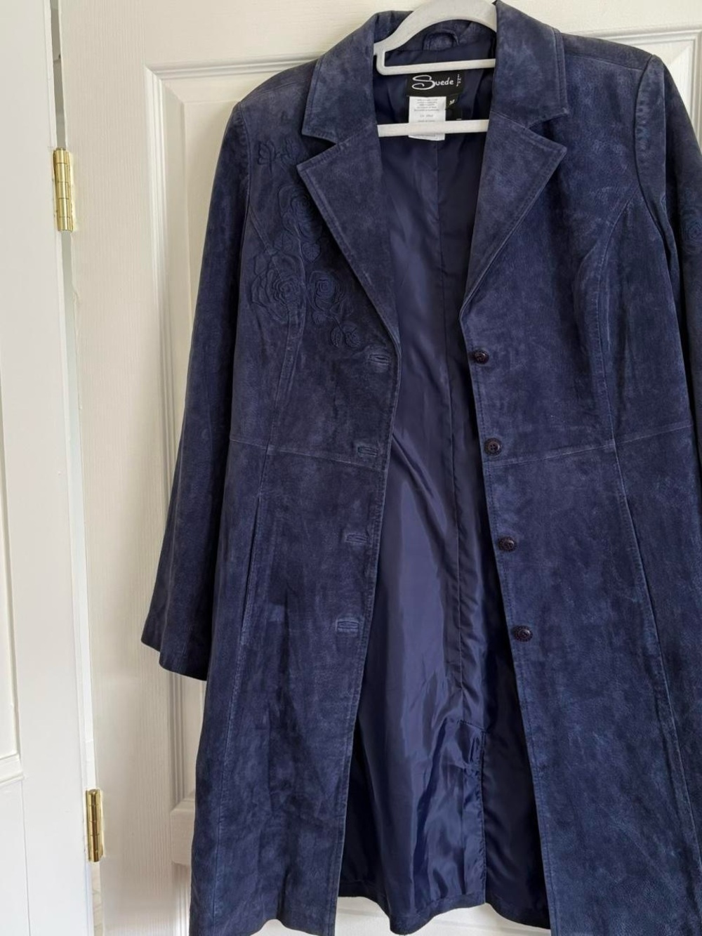 Women's Navy Suede Long Coat with Embroidered Detail - Picture 2 of 6